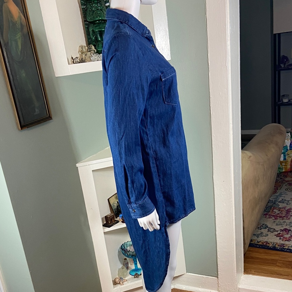 Say What? Denim Chambray High Low Tuxedo Shirttail Tunic Shirt Blouse Top Medium - Picture 6 of 11